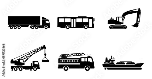 Heavy transport vehicle icons set, industrial construction machinery and logistics silhouettes, 6 black vector symbols for shipping and engineering