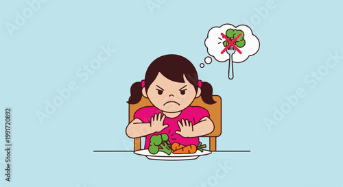 Unhappy child refuses to eat vegetables, thinking of no food