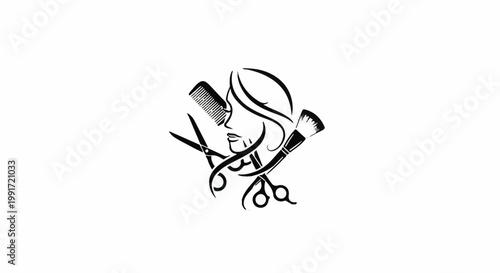 Stylized woman's profile with hairstyling and makeup tools