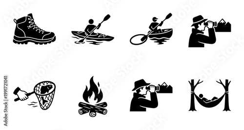 Outdoor adventure camping icons set, black silhouette hiking and trekking symbols, 8 vector elements for nature exploration and active lifestyle