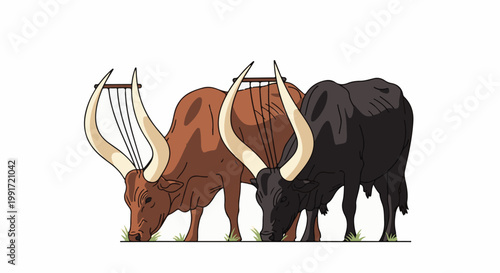 Three stylized cattle with long, lyre-like horns graze on grass