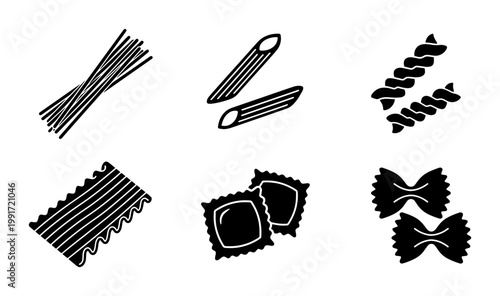 Italian pasta variety icons set, black silhouette dry pasta shapes, collection of 6 culinary vector elements for restaurant menus and food packaging