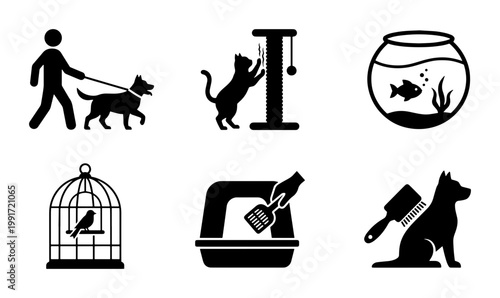Pet care icon set with 6 black vector silhouettes, domestic animal services and pet ownership symbols, veterinary and grooming flat icons