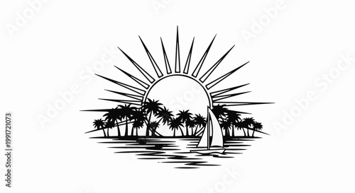 Stylized tropical island scene with a sailboat at sunrise or sunset