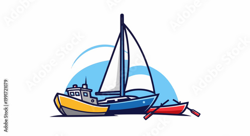 Three cartoon boats, a yellow tug, blue sailboat, and red rowboat, on water