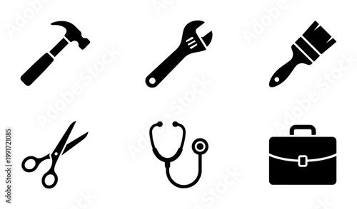 Professional work tools icon set, black silhouette construction and medical equipment symbols, 6 vector icons for labor and industry