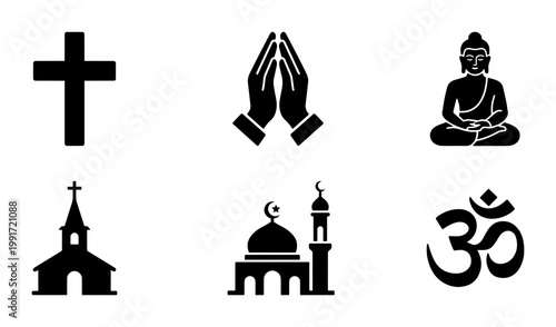 Religious icons set of 6 black vector symbols, spiritual faith and worship signs, church mosque and buddha silhouettes for web design