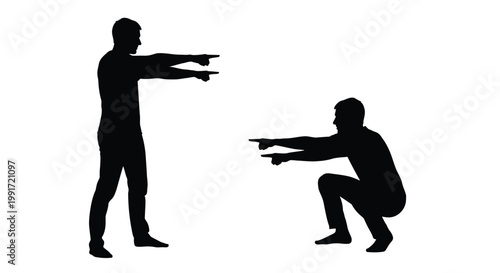 Silhouette vector illustration of two men standing and crouching while pointing fingers at each other now