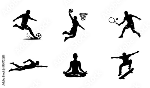 Athletic sports silhouettes collection, set of 6 vector icons featuring soccer, basketball, tennis, swimming, yoga, and skateboarding, black active lifestyle symbols