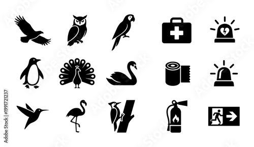 Minimalist bird icons and emergency safety symbols set, black silhouette avian species collection, flat vector graphics for signage and web design