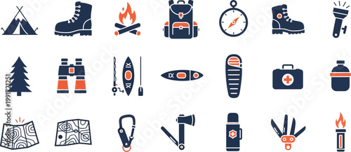 Essential icons for outdoor camping and hiking adventures Vector