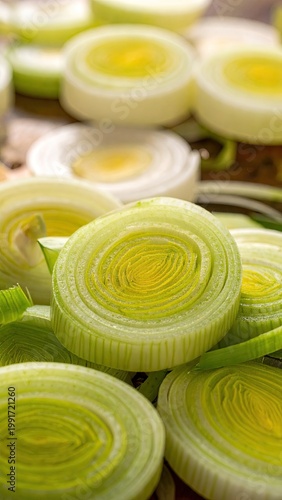Close-up of sliced leeks, showing concentric rings