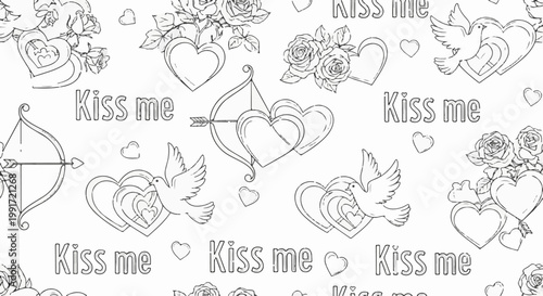 Valentine's Day pattern with hearts, roses, doves, cupid's bow and "Kiss me" text