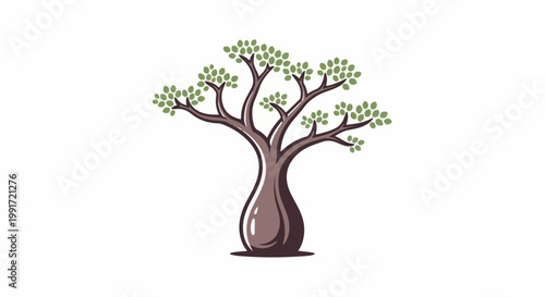 Stylized tree with a bulbous trunk and green foliage against a white background