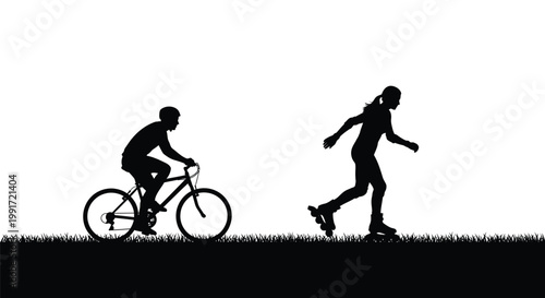 Active people silhouettes enjoying outdoor sports, cycling and rollerblading, depicted in a vector graphic illustration.