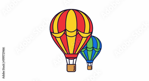 Two colorful hot air balloons, one red and yellow, the other blue and green, float