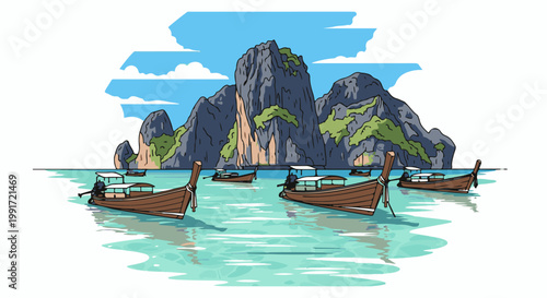 Tropical island scene with limestone cliffs and boats on turquoise water