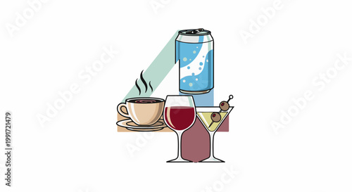 Various beverages including a hot drink, wine, martini, and canned soda