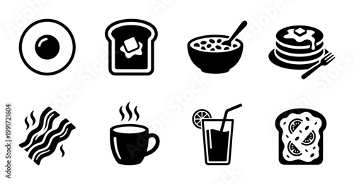 Breakfast food icon set, black minimalist morning meal symbols, 8 vector elements featuring eggs bacon coffee and pancakes for restaurant menus