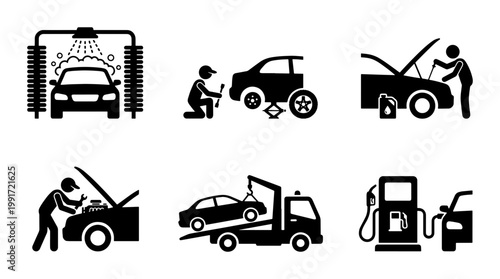 Car service and auto repair icon set, black silhouette vehicle maintenance pictograms, 6 automotive garage and car wash vector elements