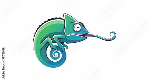 Stylized teal and green chameleon with a long, curled tongue