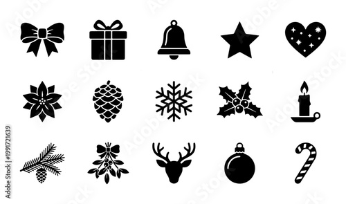 Christmas black silhouette icons set, 15 holiday vector elements, winter celebration symbols for greeting cards and seasonal branding