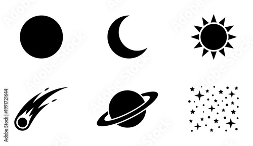 Minimalist celestial space icons set, black astronomical symbols of sun moon and planets, 6 vector elements for astronomy and astrology design