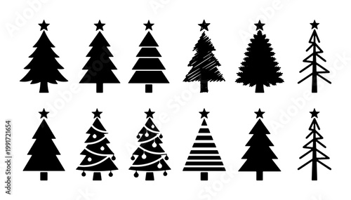 Minimalist Christmas tree icons set, black silhouette pine tree collection with stars, 12 vector holiday fir tree symbols for winter greeting cards