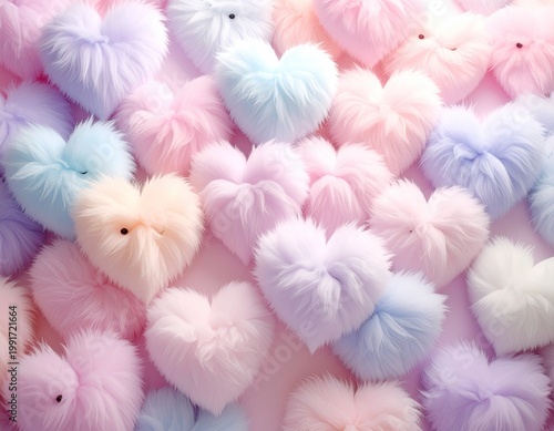 Pastel fluffy hearts, soft texture, repeating pattern