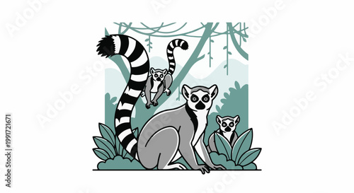 Three cartoon ring-tailed lemurs in a lush green forest setting