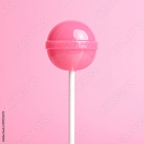 Single pink lollipop on white stick, pink background
