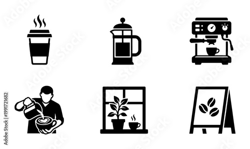 Minimalist coffee shop icons set, black barista and espresso machine vector symbols, cafe culture and brewing equipment collection