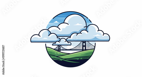 Stylized suspension bridge over rolling green hills under a cloudy blue sky