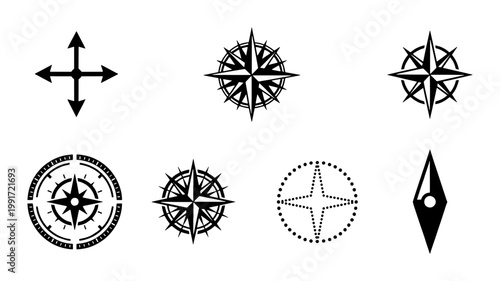Nautical compass rose icons set, vintage wind rose navigation symbols, black map orientation signs, 7 vector elements for travel and cartography