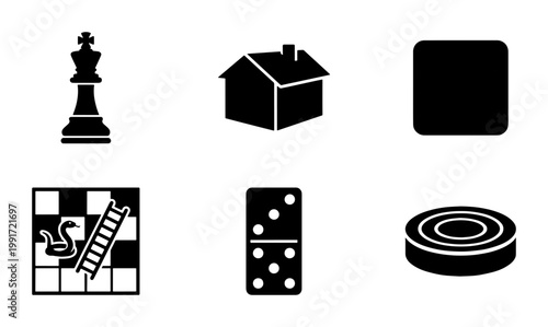 Board game icons set, black solid vector symbols of chess king and domino, snakes and ladders game and checkers pieces for leisure design