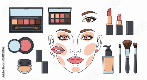 Various cosmetic items for face makeup application and enhancement