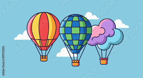 Three colorful hot air balloons ascend into a bright blue sky with clouds