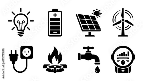 Renewable energy and utility icons set, black flat vector symbols of solar power and wind turbine, sustainable electricity and water resource elements