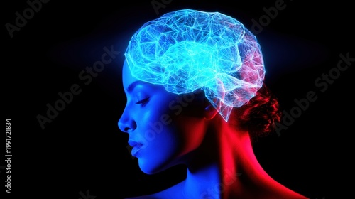 Glowing Human Brain Overlaying Woman's Silhouette, Concept of Intelligence and Thinking