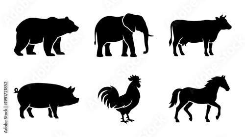 Black animal silhouettes collection, set of 6 vector icons including bear, elephant, cow, pig, rooster, and horse, minimalist wildlife and farm animal shapes