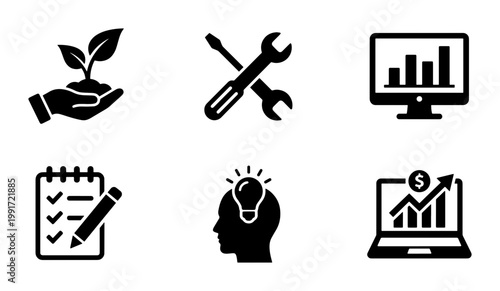 Business management icons set, black solid vector symbols for corporate growth and strategy, 6 professional icons for data analysis and planning