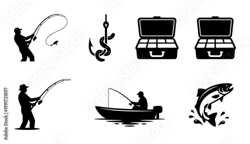 Fishing silhouette icon set, fisherman with rod and tackle box vectors, black and white angling equipment collection for outdoor sports design