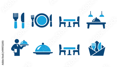 Set of restaurant and dining icons including cutlery, plate, table, covered dish, waiter serving, hanging lamps, and napkin with utensils