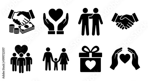 Charity and community icon set, 8 black solid vector symbols for donation and support, family and friendship relationship icons for non-profit organizations