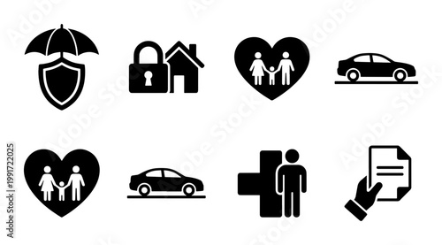 Insurance icons set in black silhouette style, 8 vector symbols for life and property protection, family and health security graphics for business