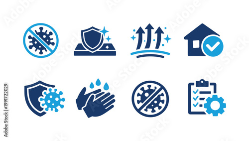 Set of hygiene and protection icons showing virus prevention, shield security, handwashing, sanitizing, checklist management, and safe home approval