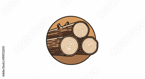 Three cut logs with visible rings stacked inside a circle