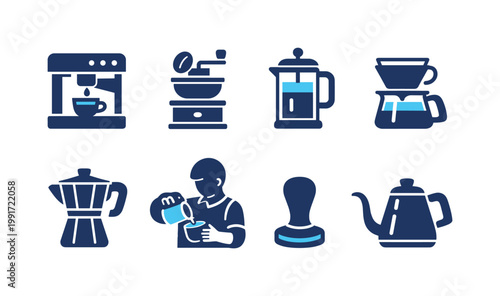 Set of minimalist coffee preparation icons featuring espresso machine, grinder, French press, pour-over dripper, moka pot, barista, tamper, and kettle