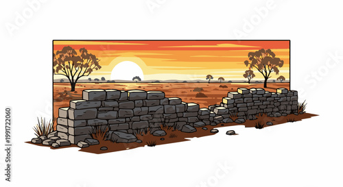 Sunset over a dry landscape with ancient stone ruins and trees