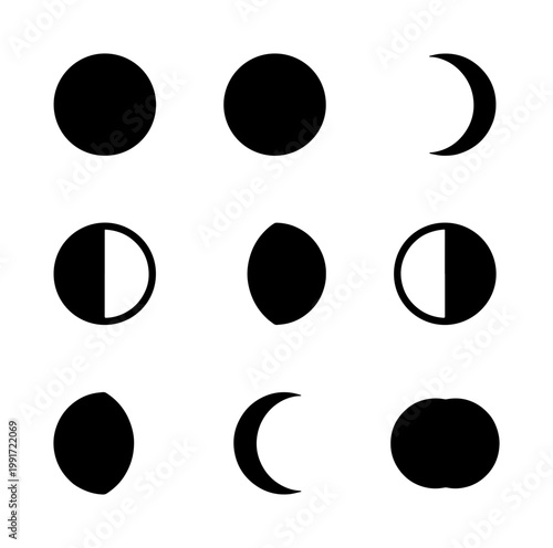 Minimalist moon phases icon set, black lunar cycle silhouettes, celestial astronomy vector elements, 9 moon stage symbols for occult and space design